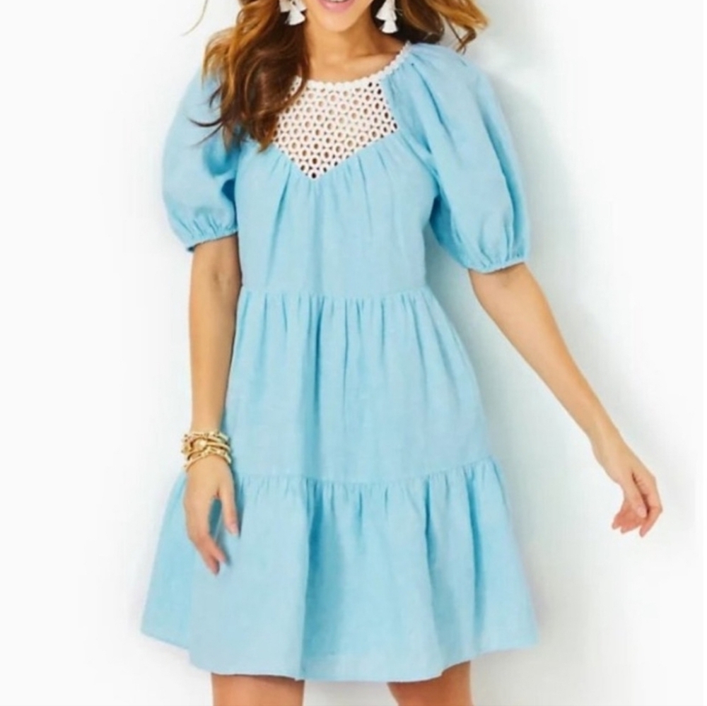 Lilly Pulitzer Charlet Linen Crochet Tiered Dress 012812 Celestial Blue Resort